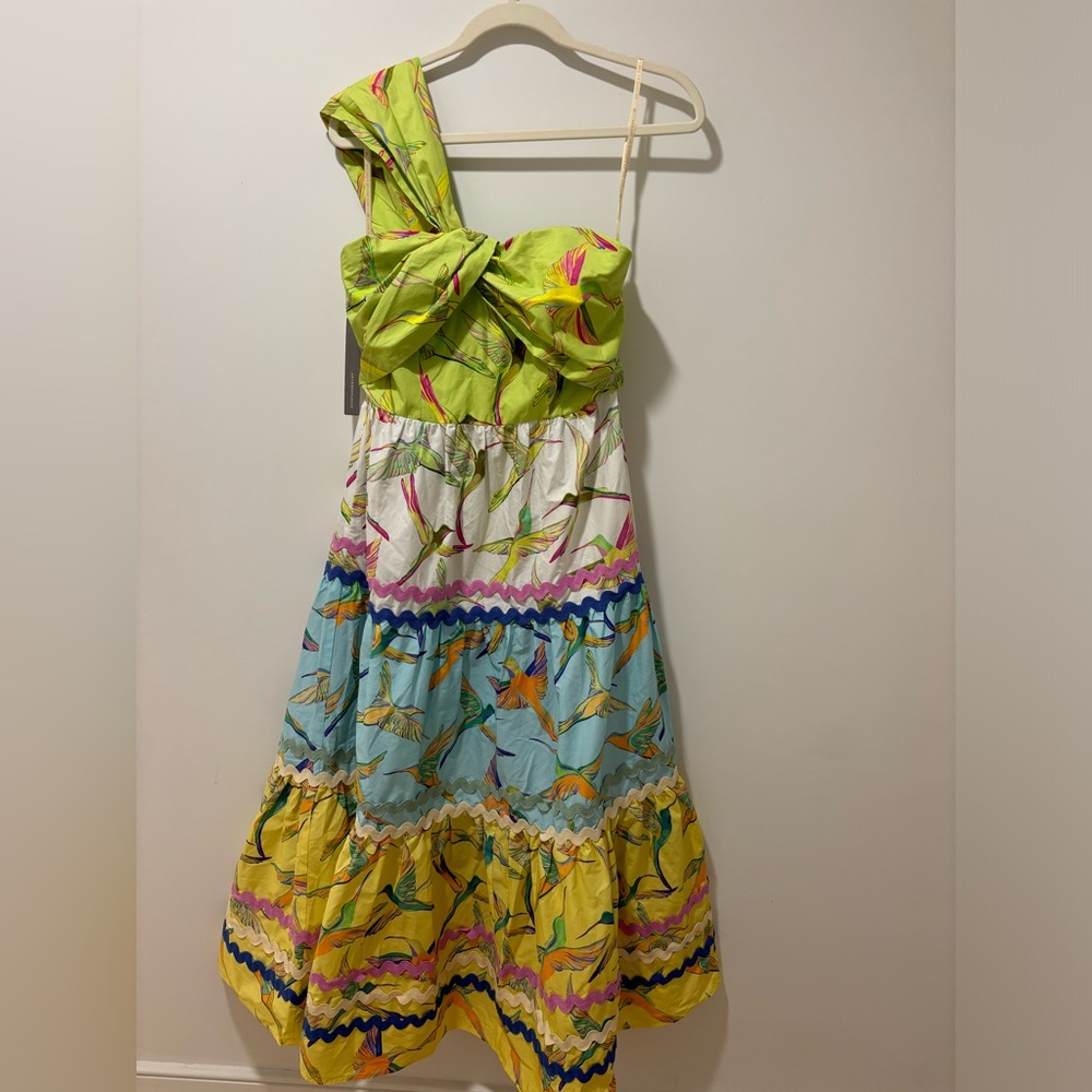 FARM Rio X One-Shoulder Tiered Midi Dress - Hummingbird Size Small NWT - Picture 4 of 7